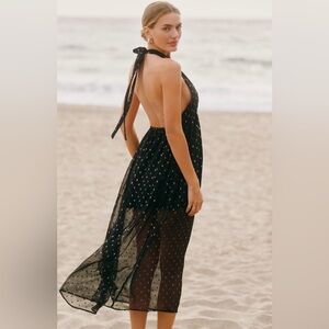 🟠NWT CELANDINE by ANTHROPOLOGIE Beach Disco Plunging Maxi Dress in Black Onyx LG
